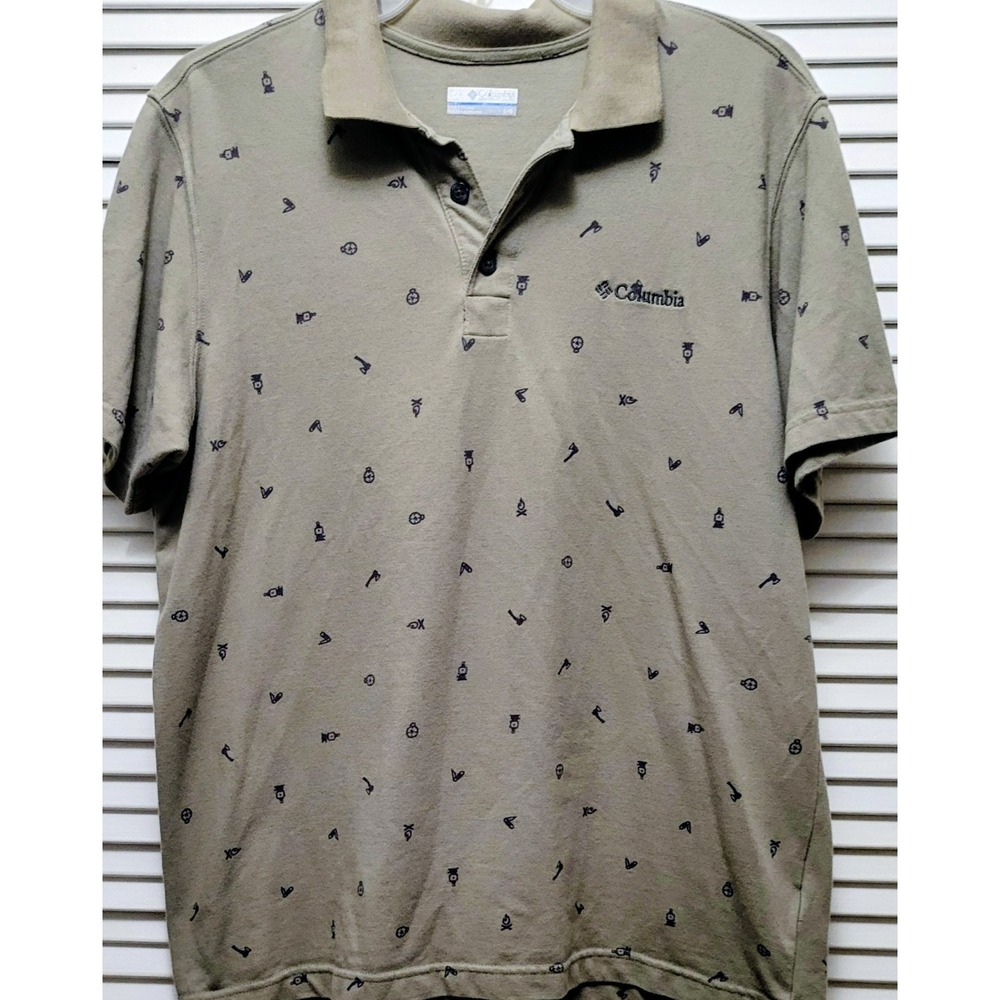 Polo Columbia Khaki Graphic Print Collared Shirt Men's Size L Button Front